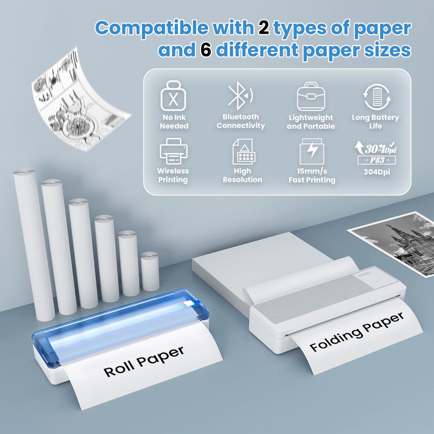 vretti P83 Portable Printers Wireless for Travel, A4 Portable Thermal Printer, Mobile Inkless Printer Compatible with Phone & Laptop, Supports 8.5 x