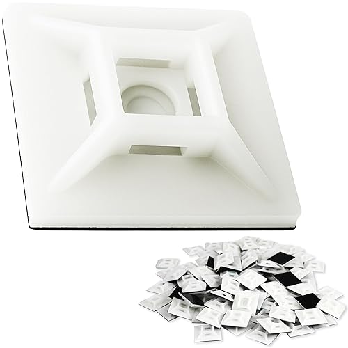 Large, Premium Zip Tie Adhesive-Backed Mounts 100 Pk by Phyxology Supply. Pro-Grade, UV White Cable Tie Bases: 1.1 in x 1.1 in. Screw-Hole Anchor