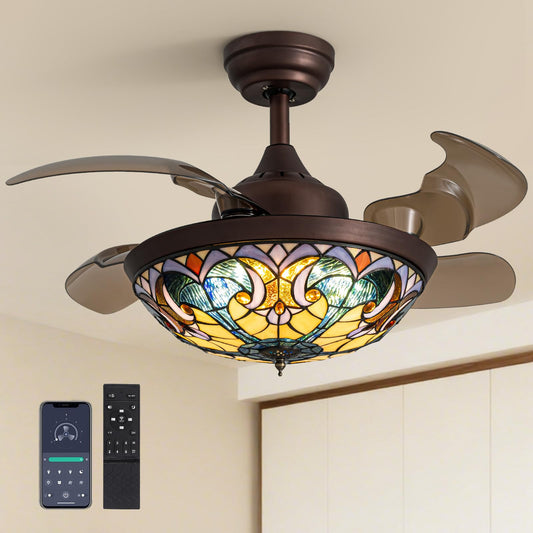 CROSSIO 36" Tiffany Fandelier Tiffany Ceiling Fan with Light Vintage Chandelier Fan Stained Glass Mediterranean Style Ceiling Fans with Lights