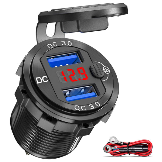 [Upgraded Version] Quick Charge 3.0 Dual 12V USB Car Charger, Aluminum Socket with Red Digital Voltmeter, Waterproof Car Outlet with Power Switch