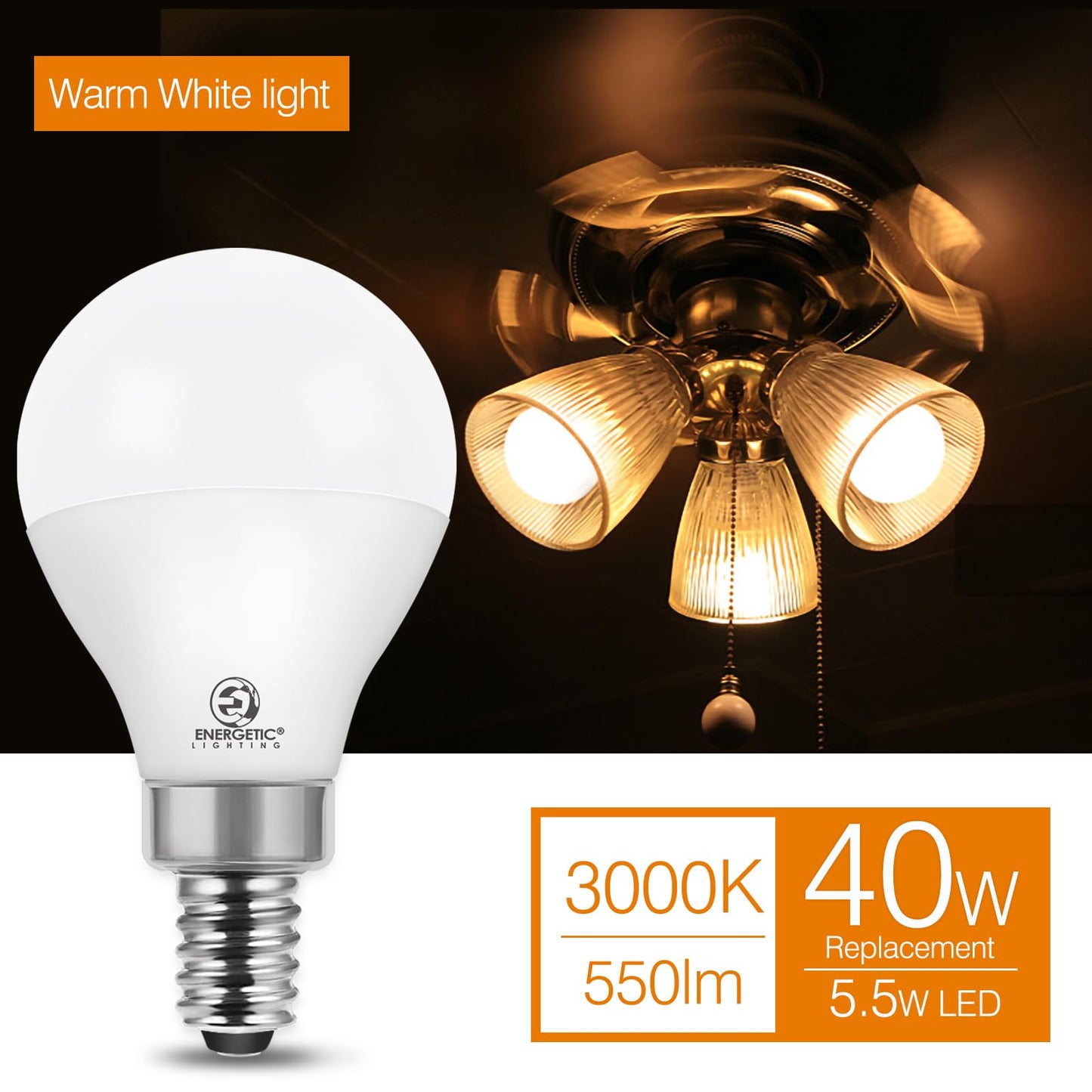 Energetic A15 LED Light Bulb, E12 Base Candelabra Base Chandelier Light Bulb, 5.5W(60w Equivalent),550 Lumen, 3000K Warm White, Non-Dimmable Ceiling