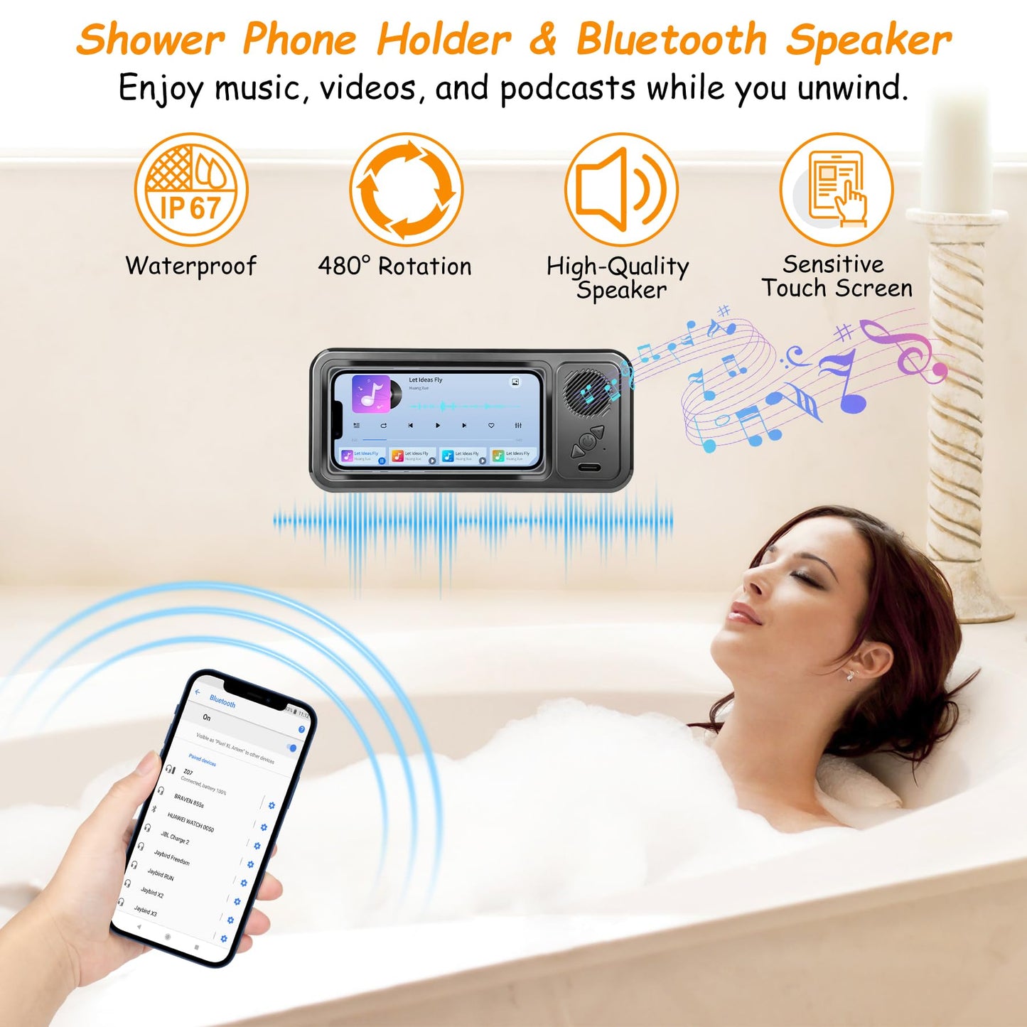 Shower Phone Holder with Wireless Bluetooth Speaker , 480° Rotation Retractable Adjustable Shower Case for iphone ,Bathroom Wall Phone Mount Stand