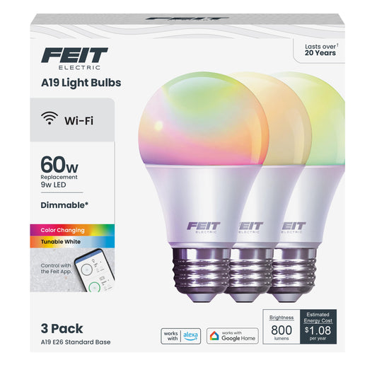 Feit Electric Smart Light Bulbs, A19 RGBW Color Changing - 60W Eq - 3 Pack