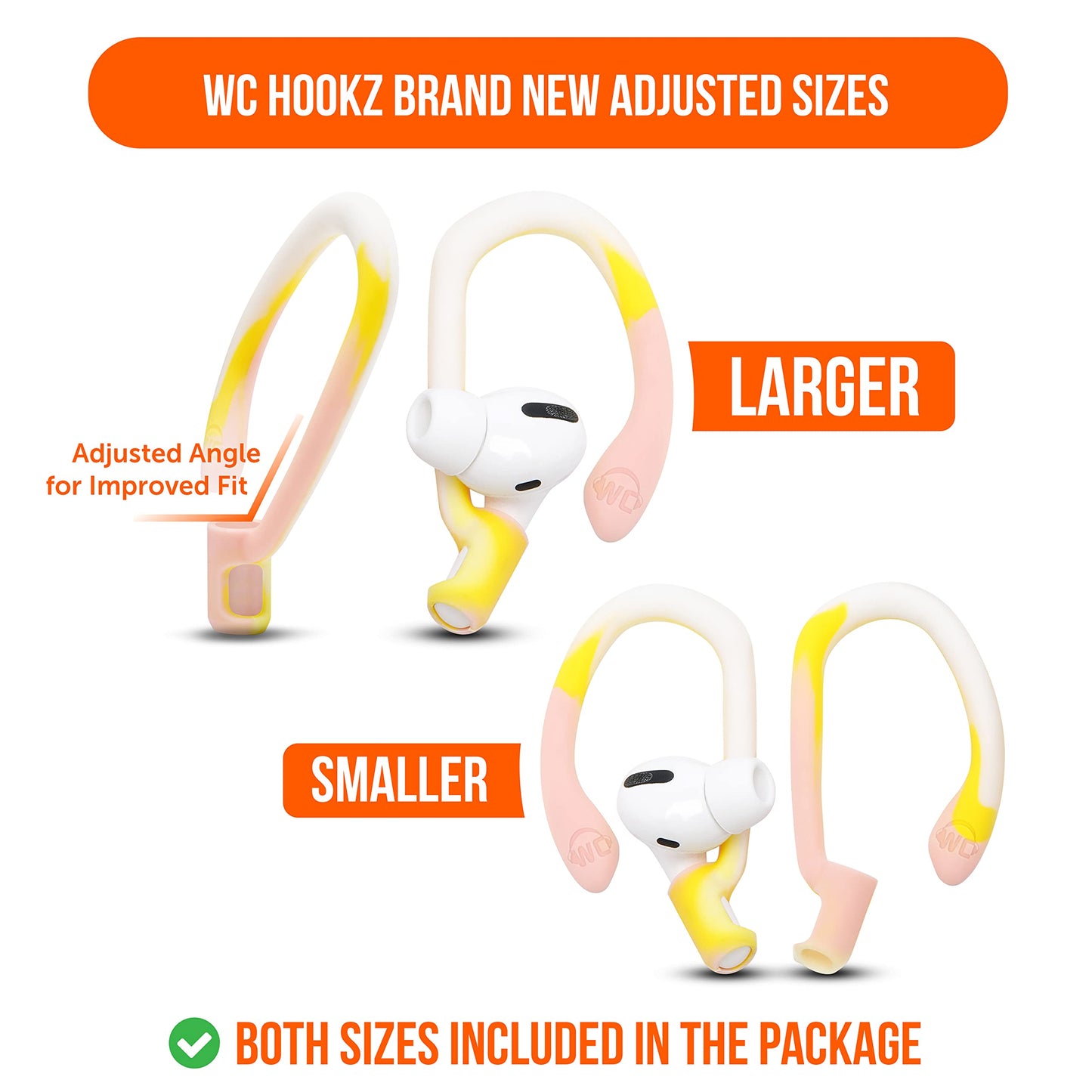 WC HookZ - Patented Upgraded Over Ear Hooks for AirPods Pro 1, 2 & AirPods 1, 2 & 3- Two Size Pairs Included in Package, Unique Left & Right Hook