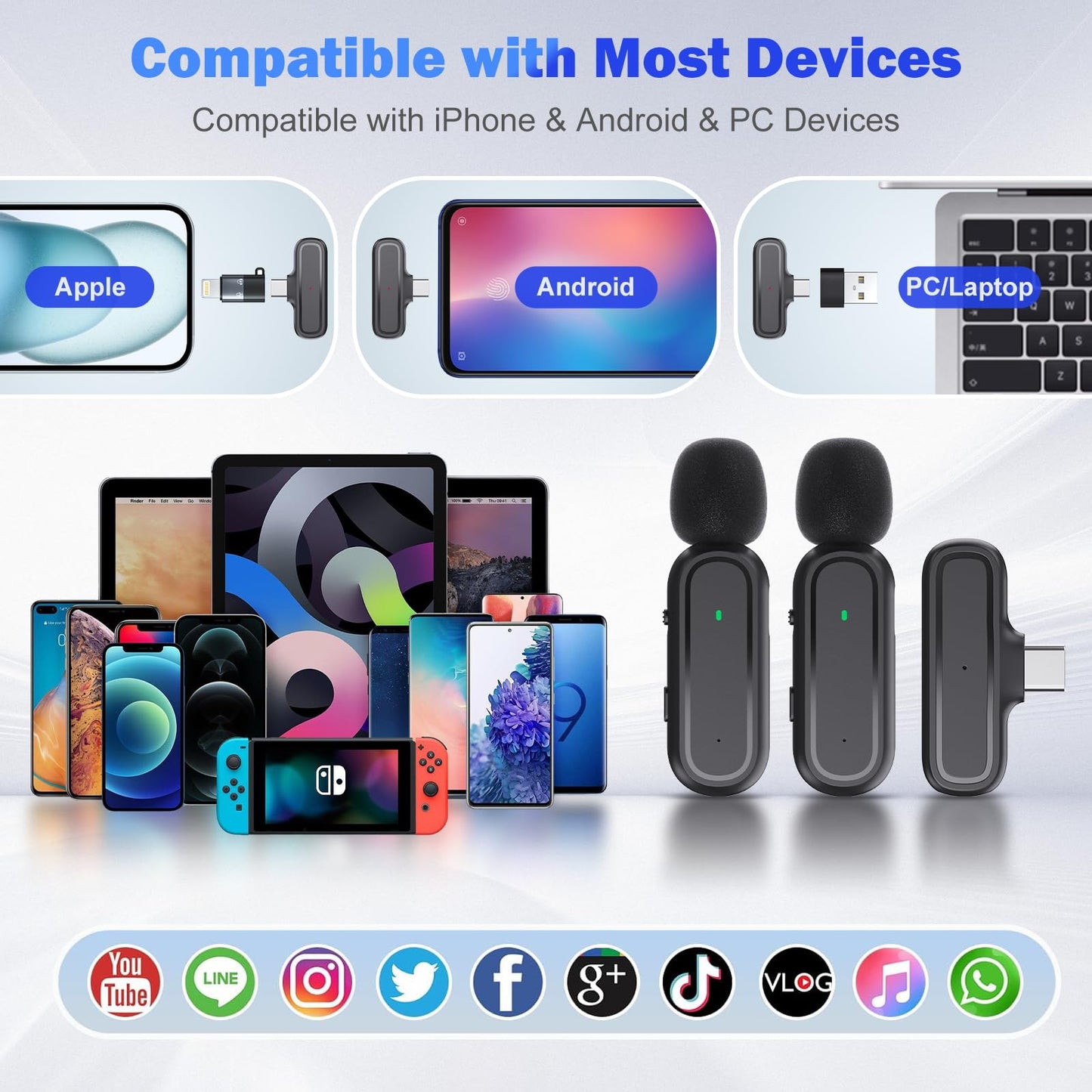 voijump 2 Pcs Wireless Lavalier Microphone for iPhone iPad Android PC, Mini Microphone with Charging Case 8H, USB-C Clip-On Mics for Vlogging, TikTok