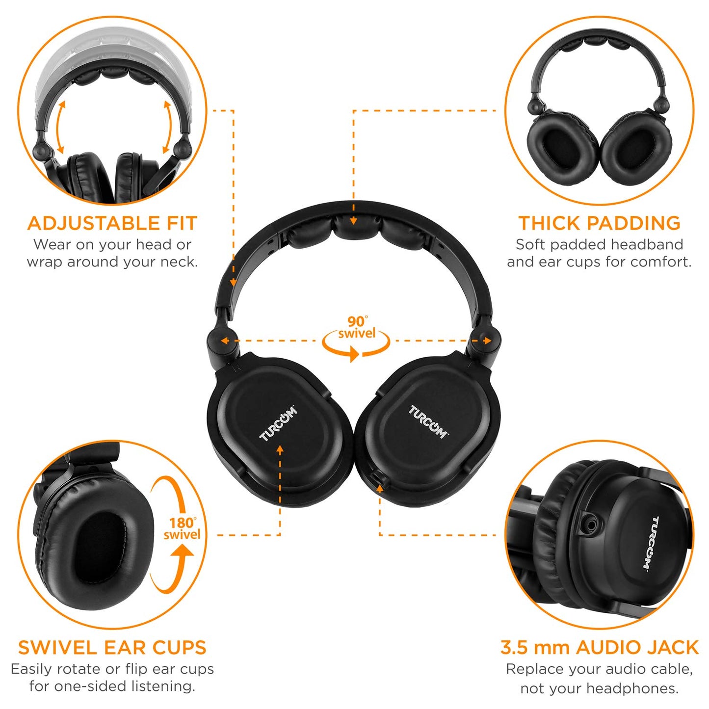 Turcom Over Ear Wired Gaming Headphones, DJ-Style Monitor Headphone, Stereo Studio Sound 50 mm drivers and 100 dB, Lightweight Adjustable…