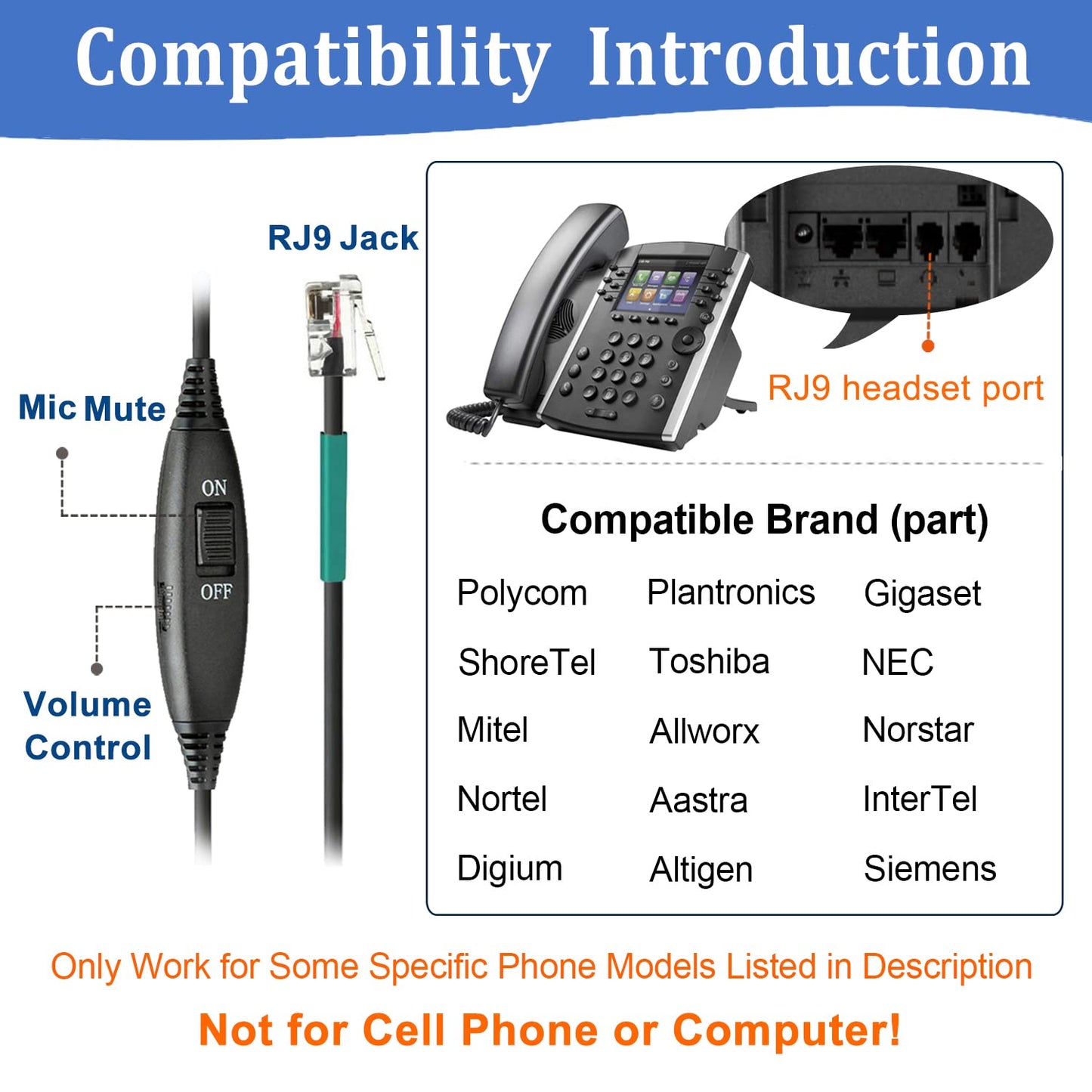 RJ9 Telephone Headset with Mic Noise Cancelling, Quick Disconnect Phone Headset Compatible with Polycom VoIP VVX311 VVX411 VVX250 Plantronics S12 T110