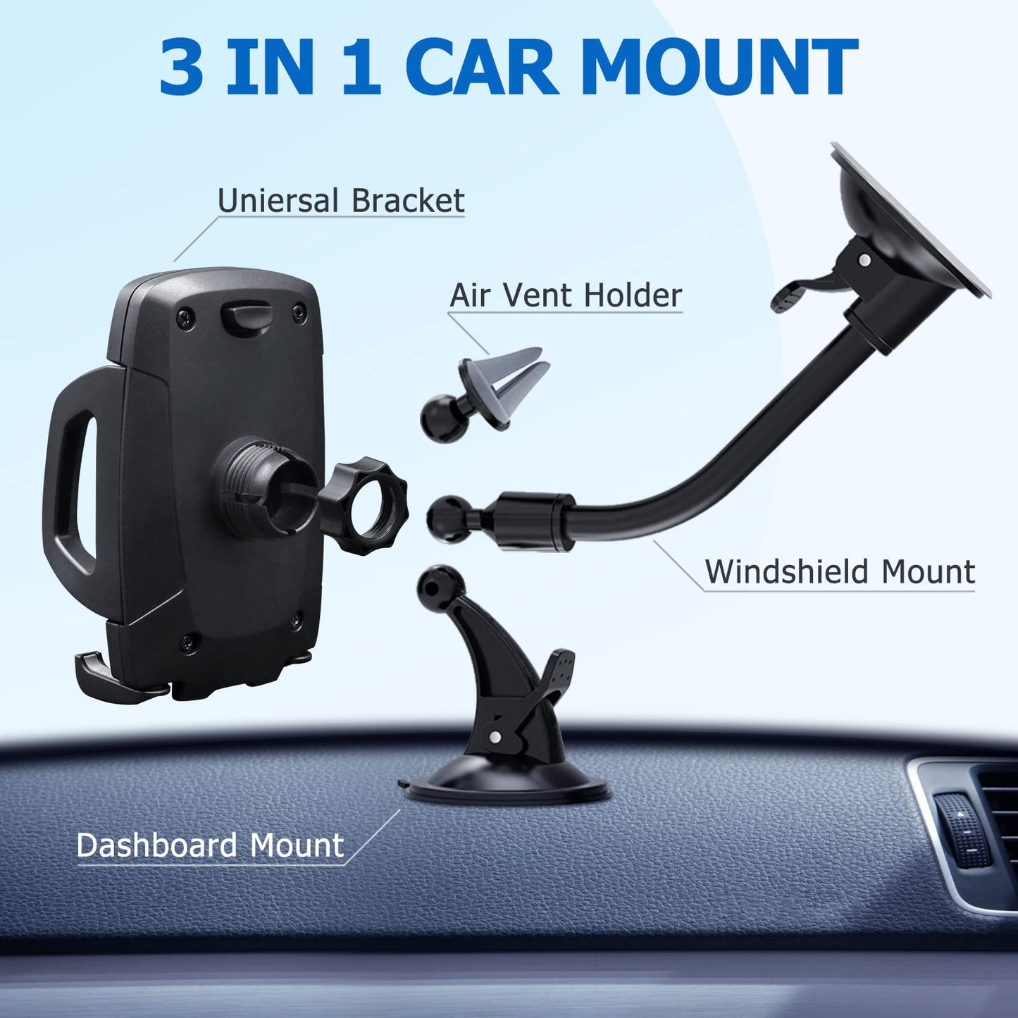 Vansky Car Phone Holder Mount, 3-in-1 Universal Cell Phone Holder Car Air Vent Holder Dashboard Mount Windshield Mount Fit for iPhone 17 16 15 14 13