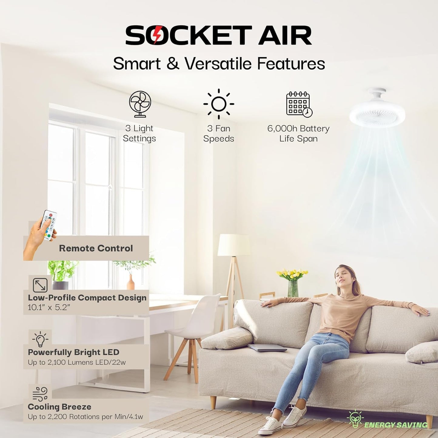 Bell+Howell SocketAir Wireless Ceiling Fan Light with Remote Control, Extender,110-120 Volt, 2100 Lumens, 3 Fan Speeds, 3 Light Settings, 6500K