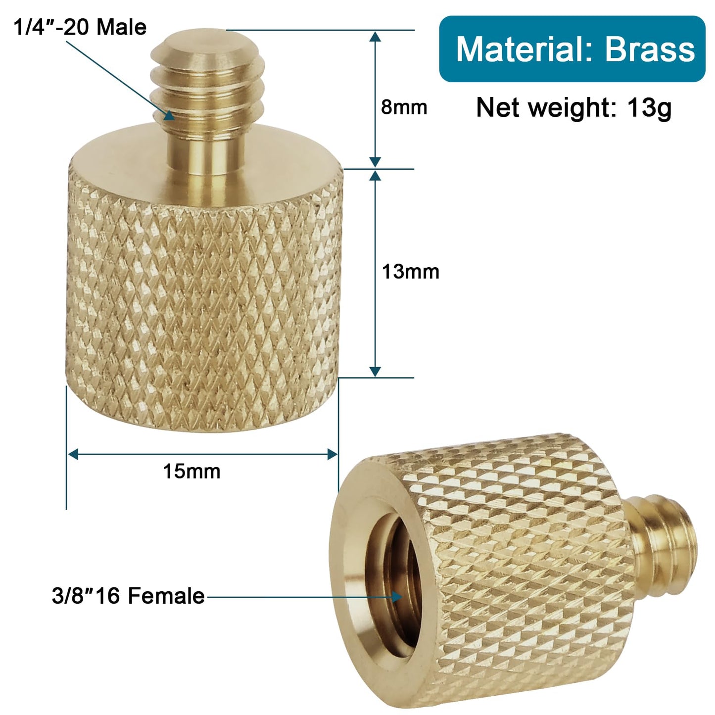 Standard 3/8"-16 Female to 1/4"-20 Male Tripod Thread Reducer Screw Adapter (Brass) Precision Made (2 Pack)