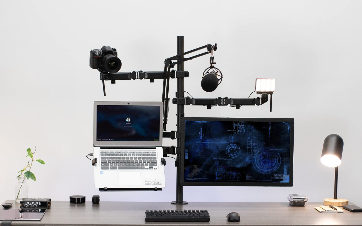 VIVO All-in-One Computer Studio Desk Mount, Mic Boom, Dual Monitor Mount up to 32 inches, Laptop Stand, Livestream Arms Compatible with Cameras
