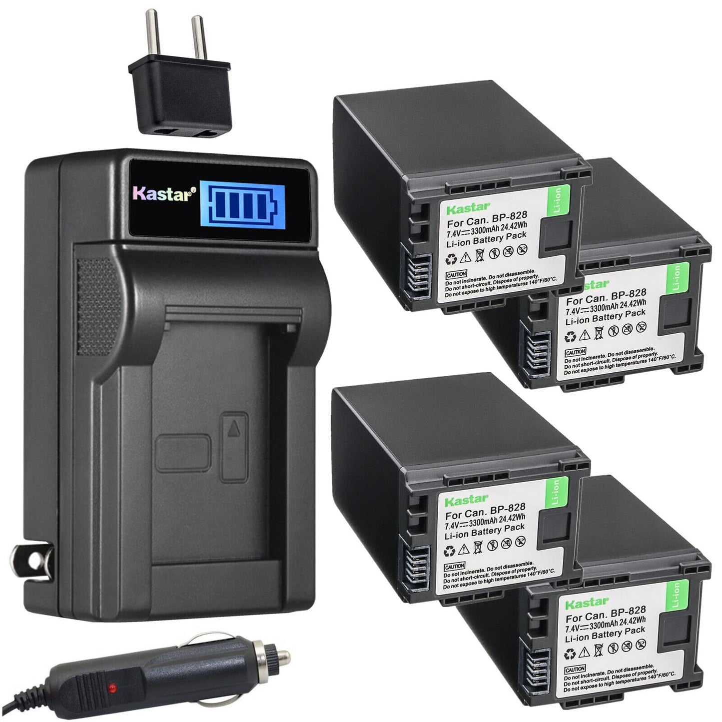 Kastar 4-Pack BP-828 Battery and LCD AC Charger Compatible with Canon XF400, XF405, XA10, XA11, XA15, XA20, XA25, XA30, XA35, XA40, XA45, XA50, XA55
