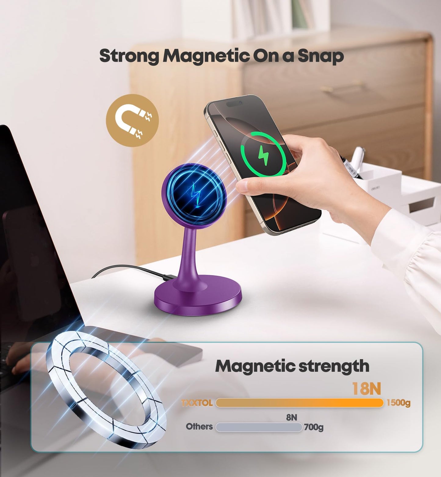 TXXTOL Magnetic Wireless Charger iPhone Stand, 15W Fast Mag-Safe Charger iPhone 17/17 Air/17 Pro/17 Pro Max 16/15/14/13/12 Series Magnet Wireless
