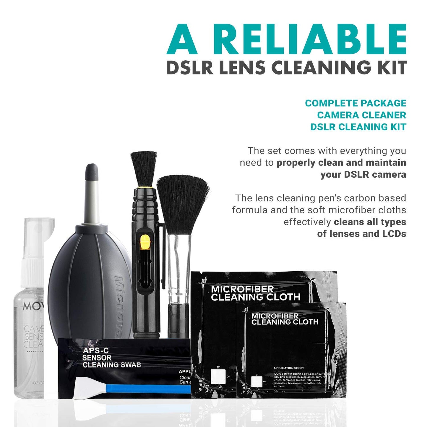 Movo Deluxe Essentials DSLR Camera Cleaning Kit with 10 APS-C Cleaning Swabs, Sensor Cleaning Fluid, Rocket Air Blower, Lens Pen, Soft Brush, 2X Small