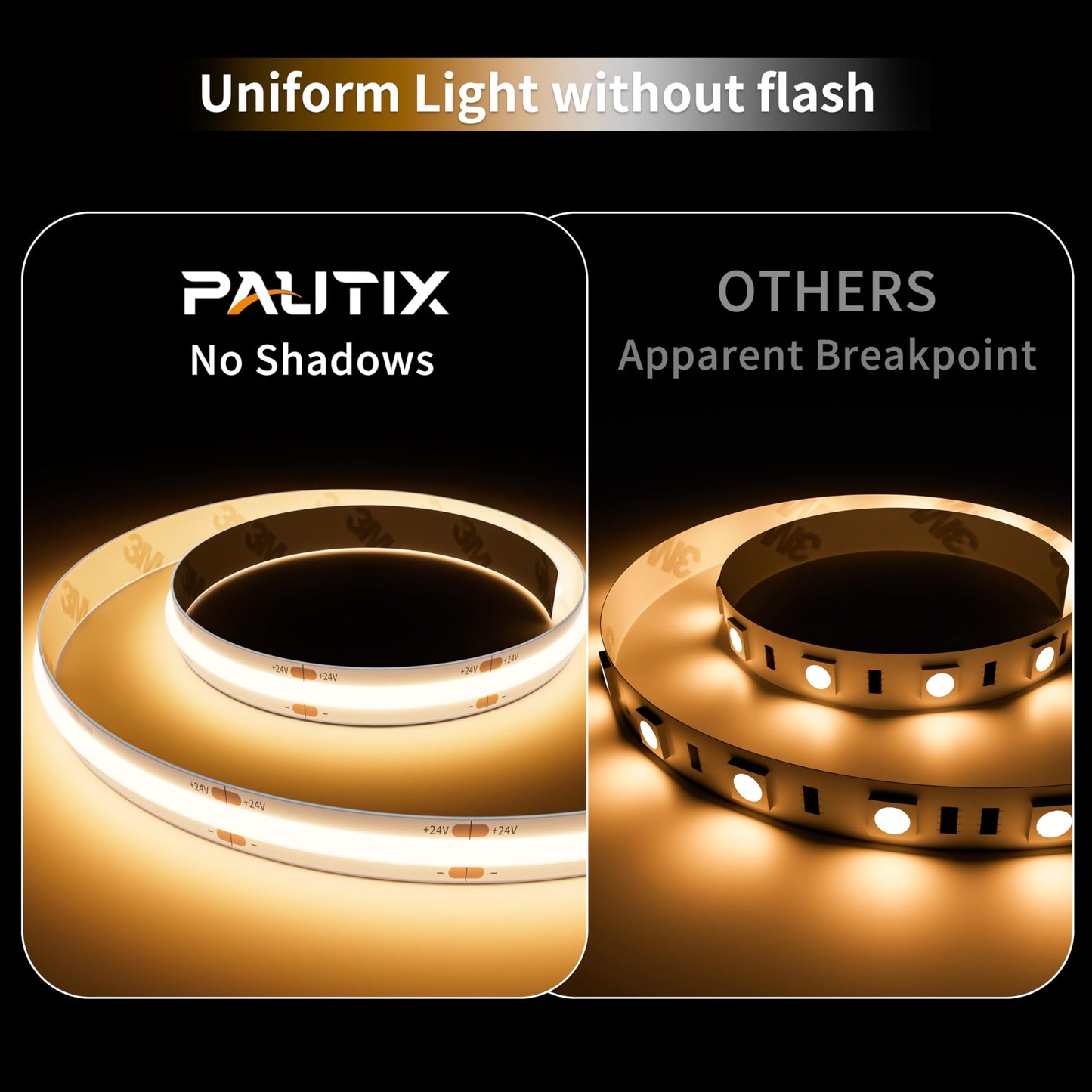 PAUTIX COB LED Strip Light IP65 Waterproof 32.8ft/10m 5040LEDs Warm White 3000K,High Lumen Flexible CRI90+ LED Tape Super Bright DC24V,for Cabinet
