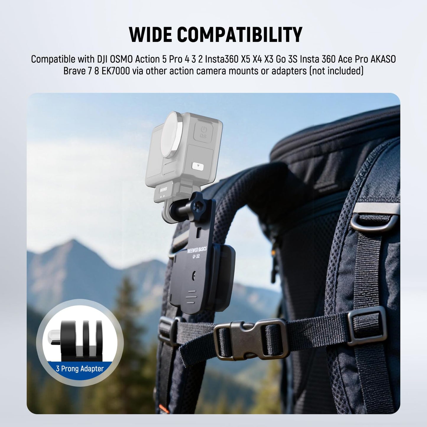 NEEWER Basics Backpack Strap Clip Clamp Mount Holder, Three Prong Adapter Compatible with GoPro Hero Insta360 DJI AKASO Action Camera Accessories