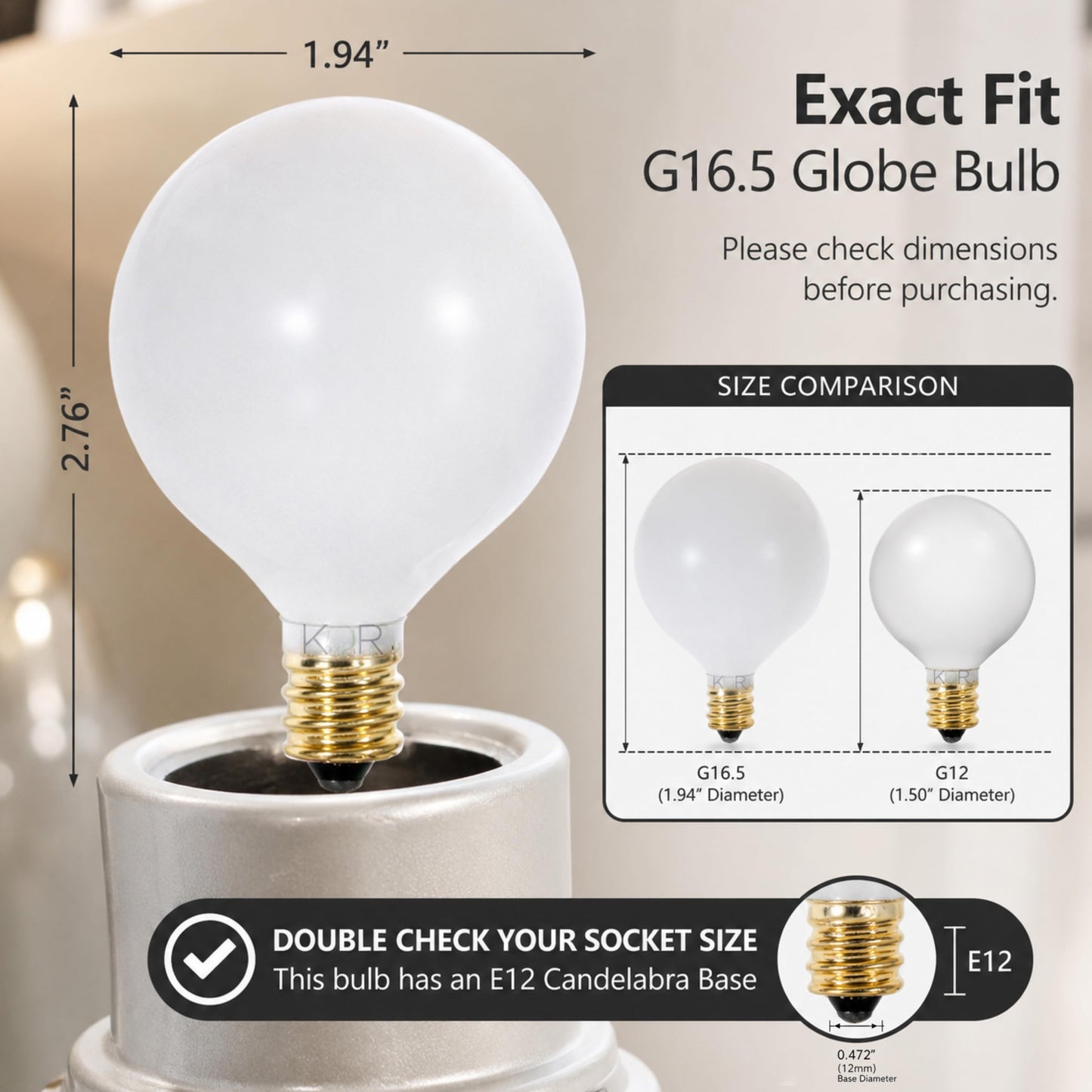 KOR G16.5 White Incandescent Globe Bulbs, 25W, E12 Candelabra Base, 10-Pack