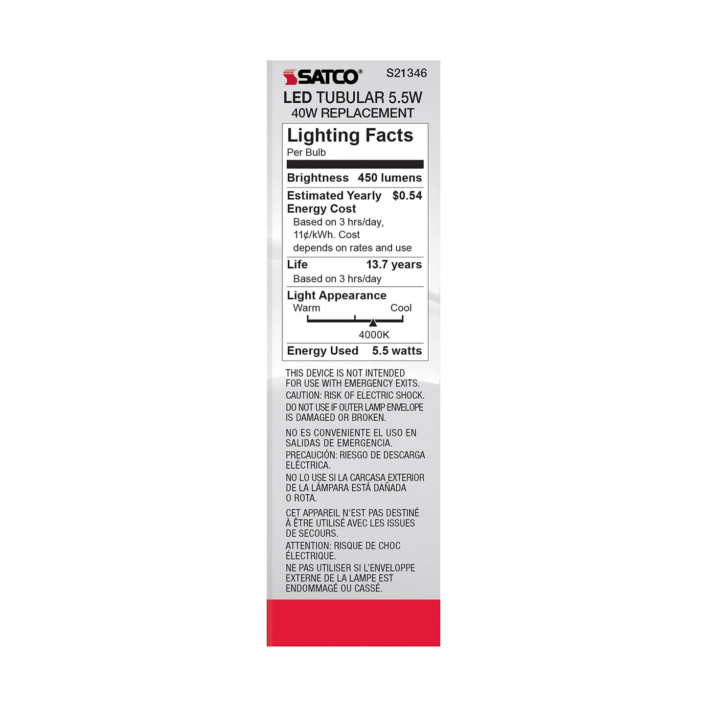 Satco 20653-5.5 watt 120 Volt T10 Medium Screw Base 4000K Cool White Dimmable LED (5.5T10/LED/CL/940/120V/E26 S21346)