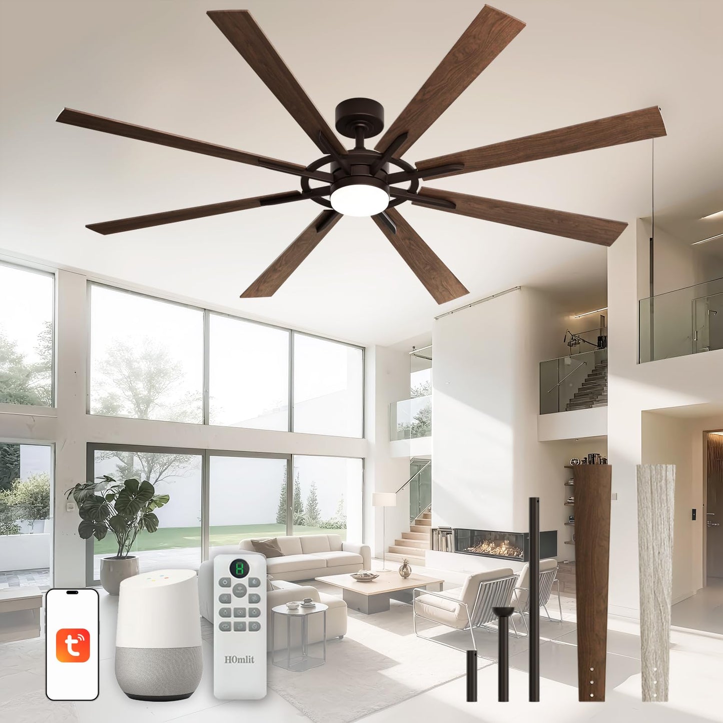 Homlit 72 Inch Smart Ceiling Fan with Light and Remote, Walnut Ceiling Fan with Quiet Reversible DC Motor, Control Via WiFi Alexa App, 3CCT Dimmable
