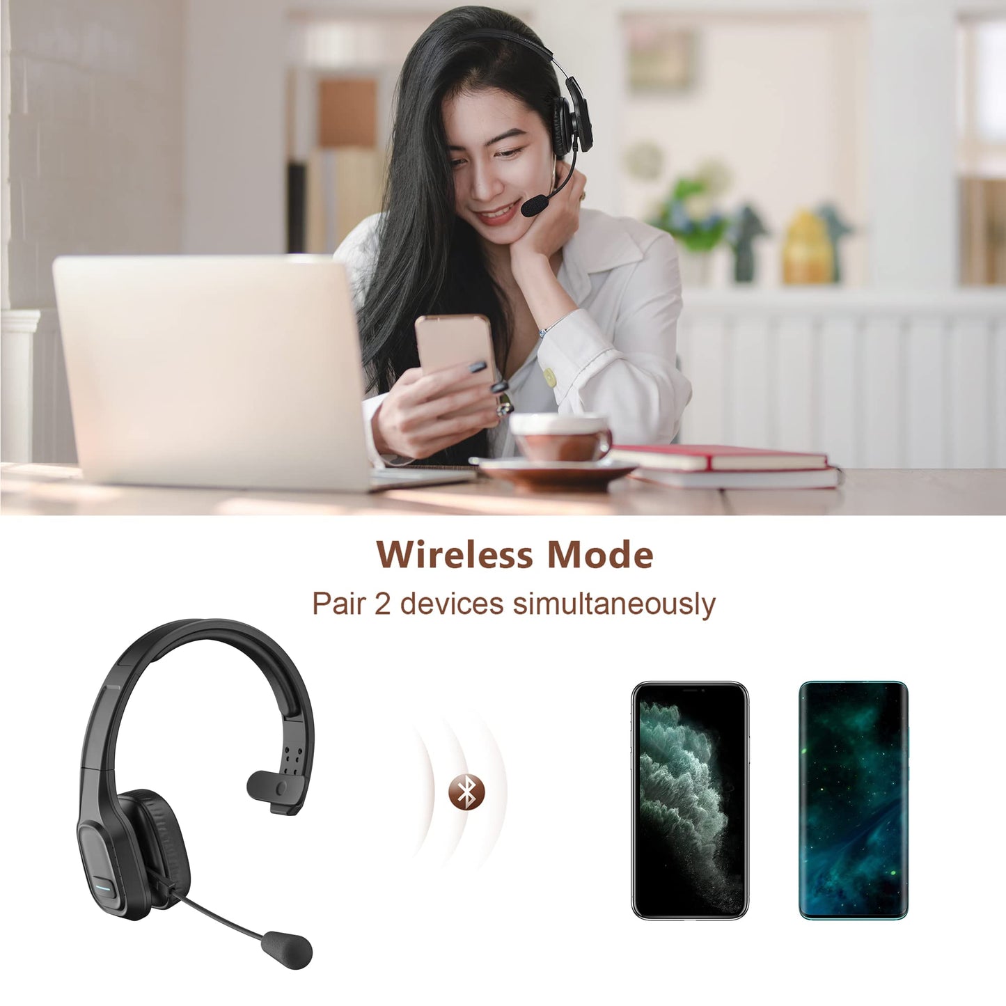COMEXION Trucker Bluetooth Headset V5.0, Wireless Headset with Noise Canceling&Mute Microphone for Cell Phones, On Ear Bluetooth Headphone