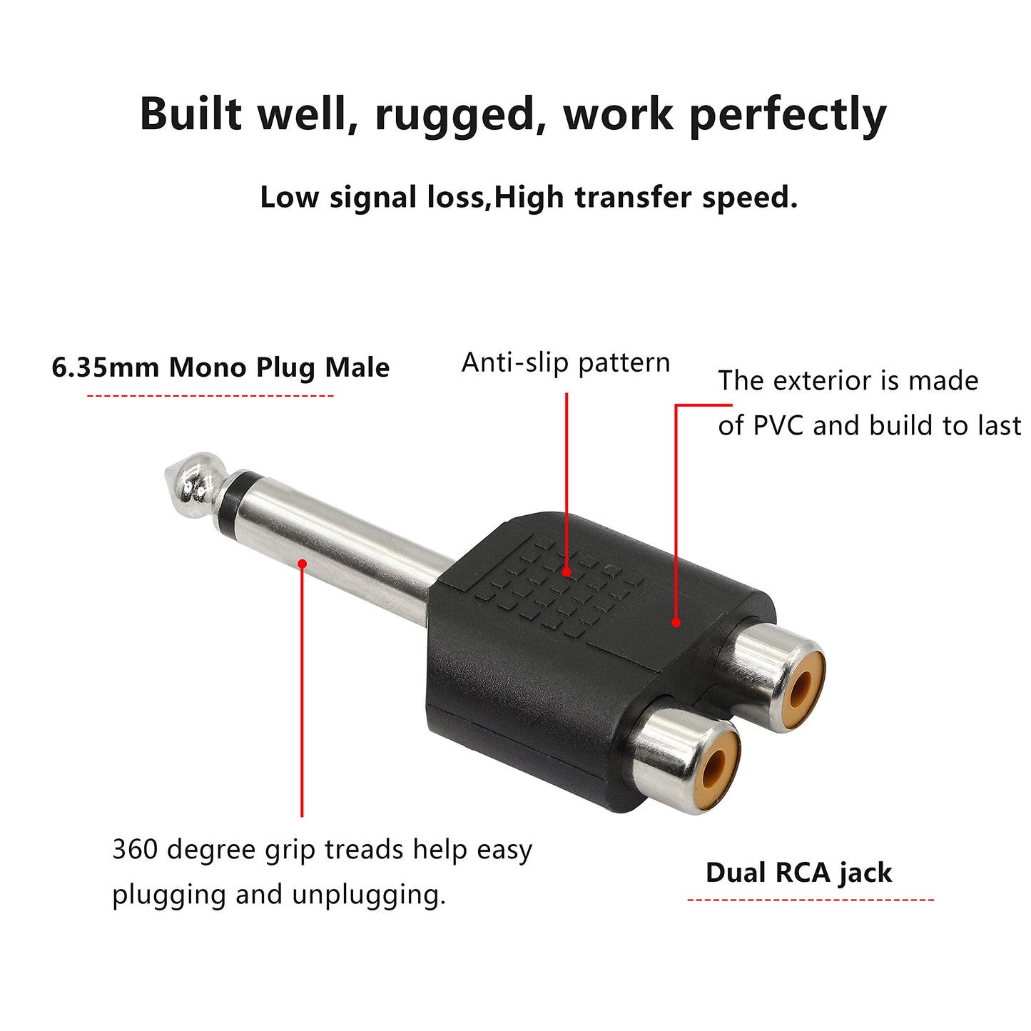 GELRHONR 6.35mm Mono 1/4 Inch Male to RCA Splitter, Stereo Jack Male to RCA Female Adapter-5PCS