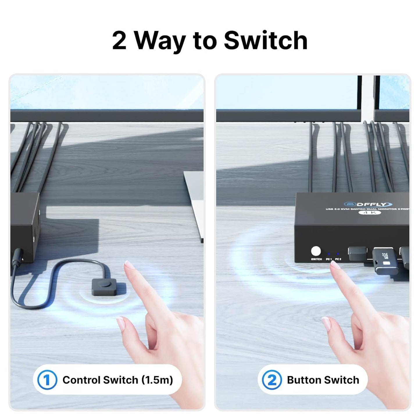 USB 3.0 HDMI KVM Switch 2 Monitors 2 Computers 4K@60Hz, KVM Switches Dual Monitor with 3 USB 3.0 Ports Sharing Keyboard and Mouse, Printer/Scanner