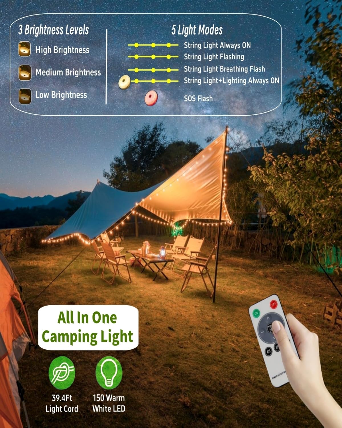 Solar Camping String Lights, 39.4 FT Fairy String Light, 4 in 1 Portable Waterproof Camp LED Lamp with 8 Lighting Modes, Hanging Rechargeable Tent