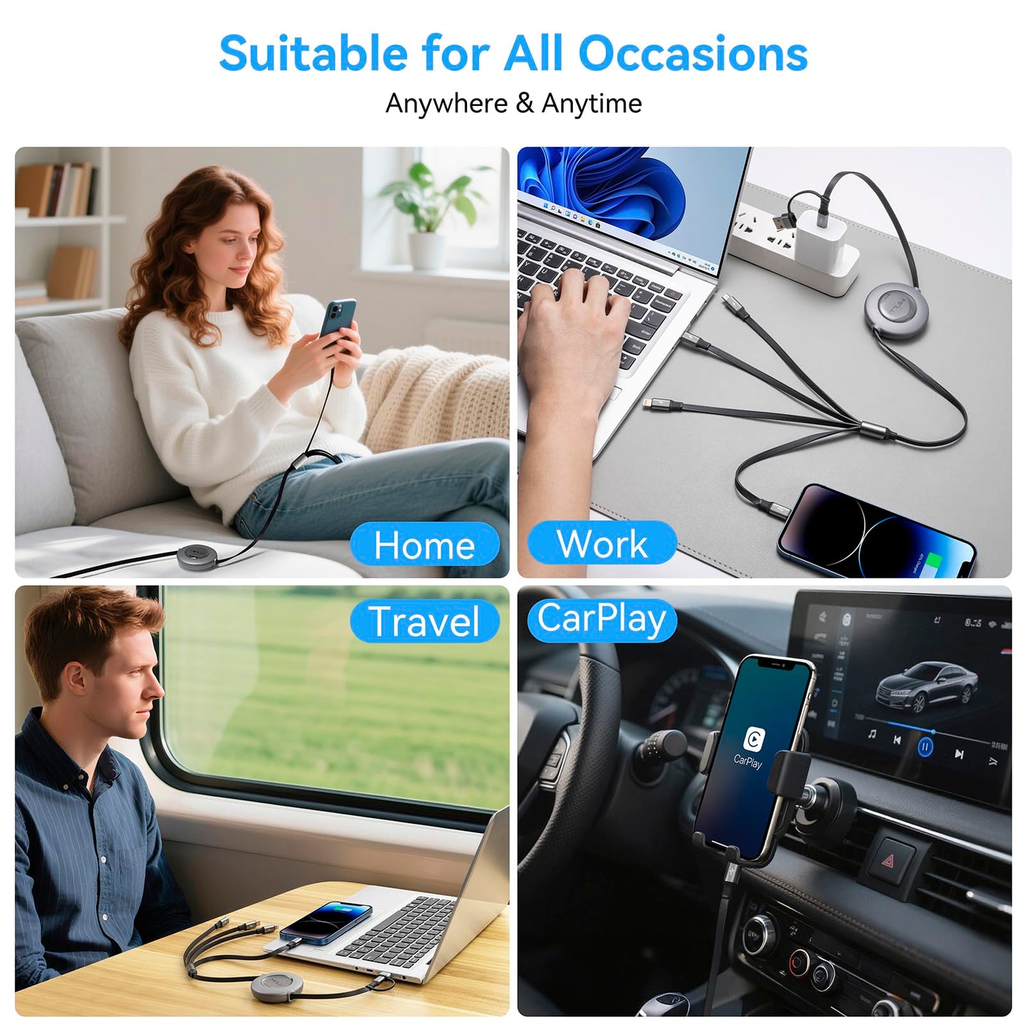4 in 2 Multi Charging Cable 4A, 4Ft USBC Charging Cable, Retractable Car Charger with Lightning/Type C/Micro USB Ports for iPhone 16 15 14 Pro