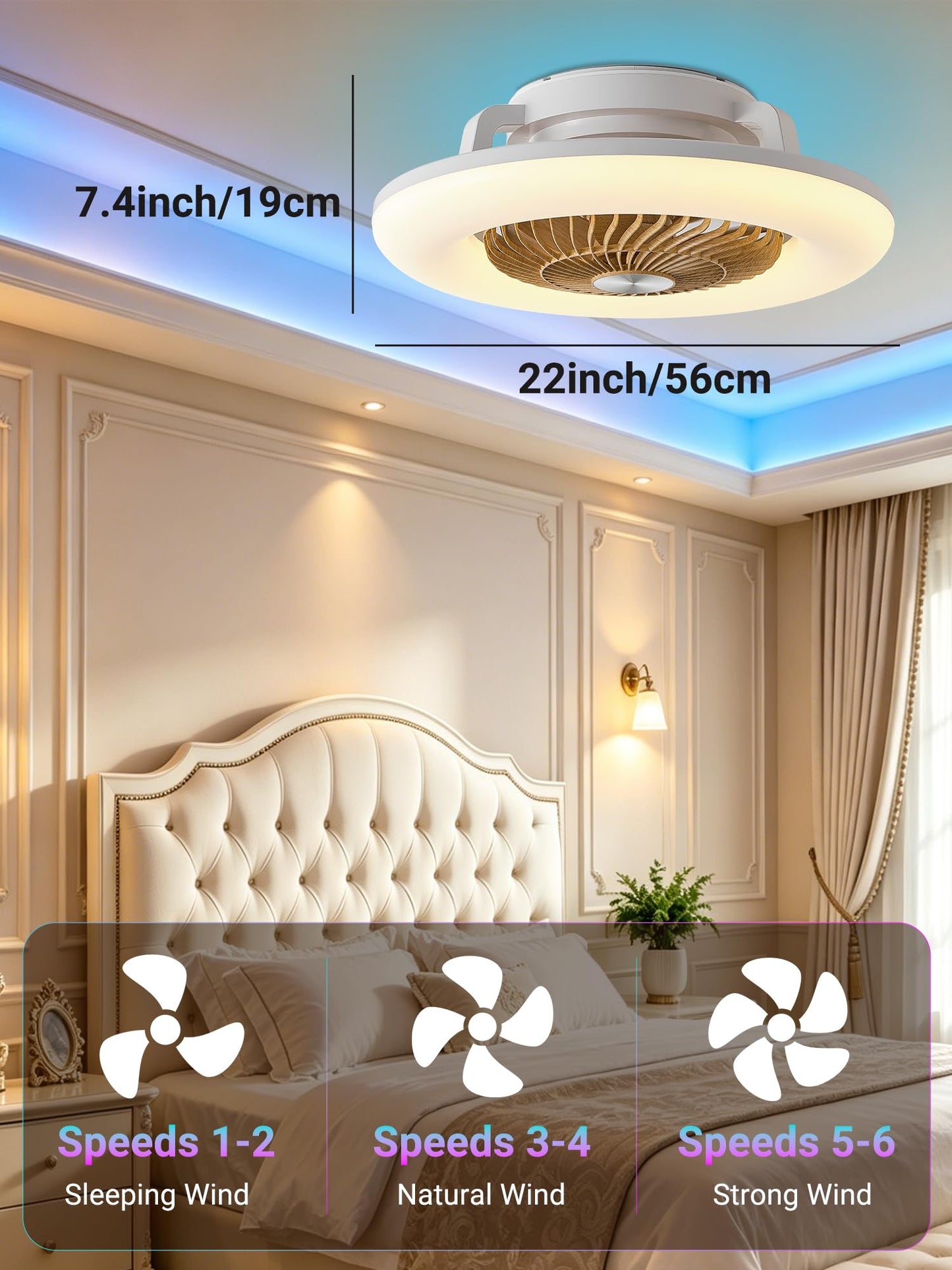 Thoxipn 22" Bladeless Ceiling Fan with RGB Light Remote/APP Control Natural