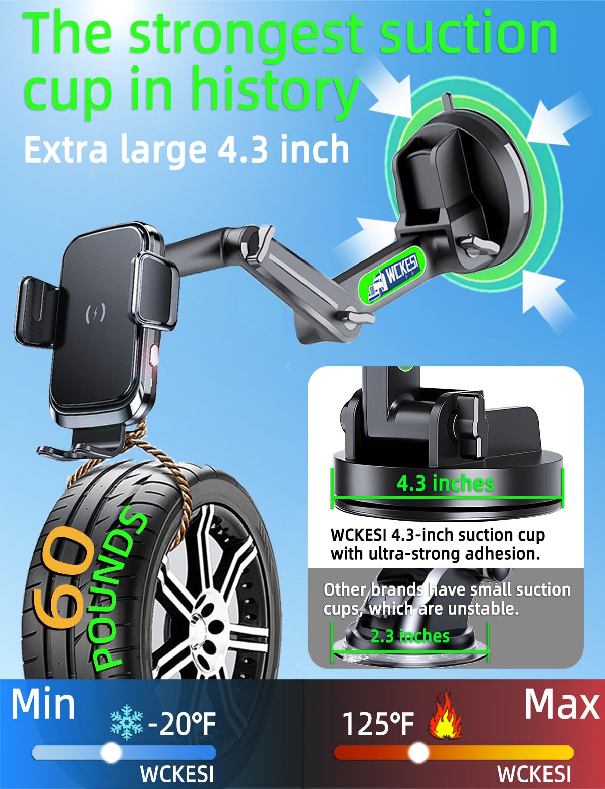 WCKESI Truck Phone Holder Wireless Car Charger Mount, 15W Fast Charging Vacuum Phone Holder 14 Inch Long Arm Heavy Duty Pickup Windshield