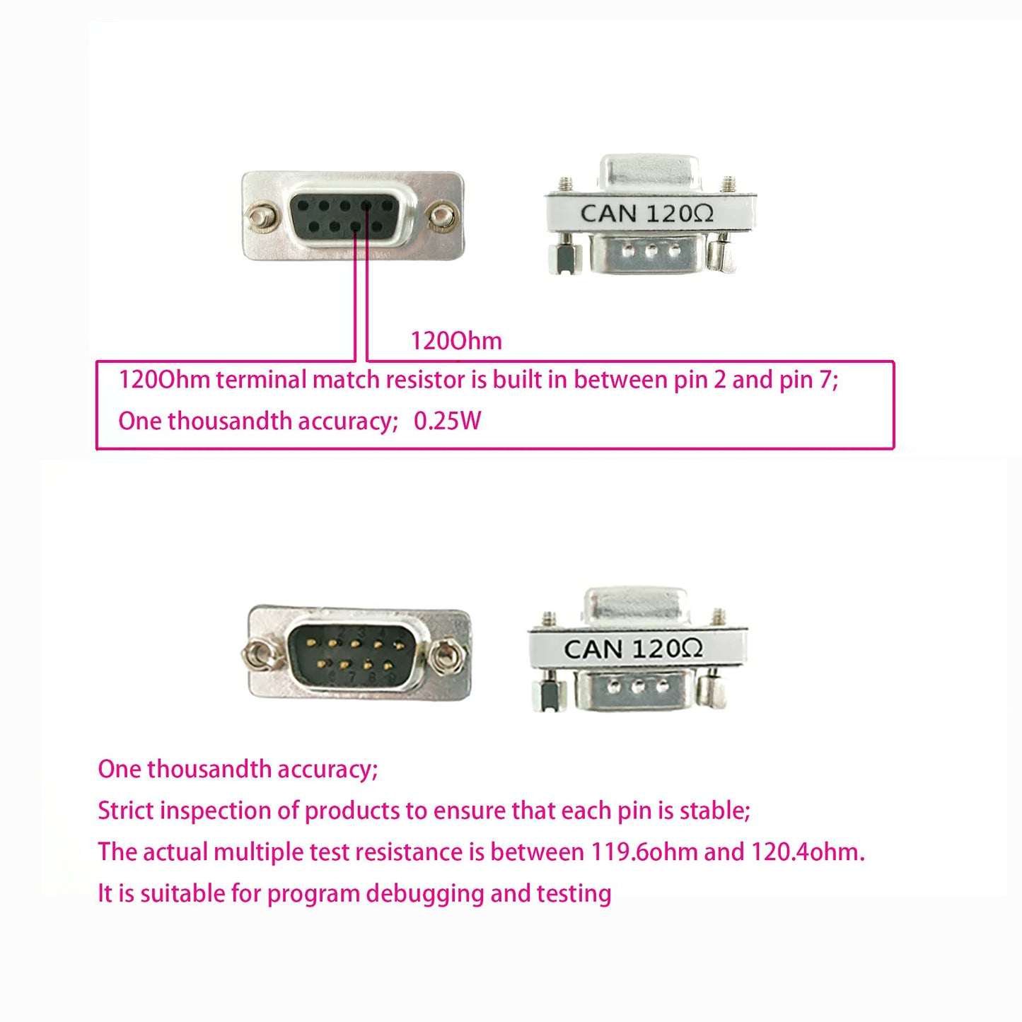 BUELEC CAN DB9 120ohm Adapter 5-Pack - CAN Bus DB9 Male to Female Terminal Connector with High-Precision 120 Ohm Resistance (Accuracy 0.001) PIN2 PIN7