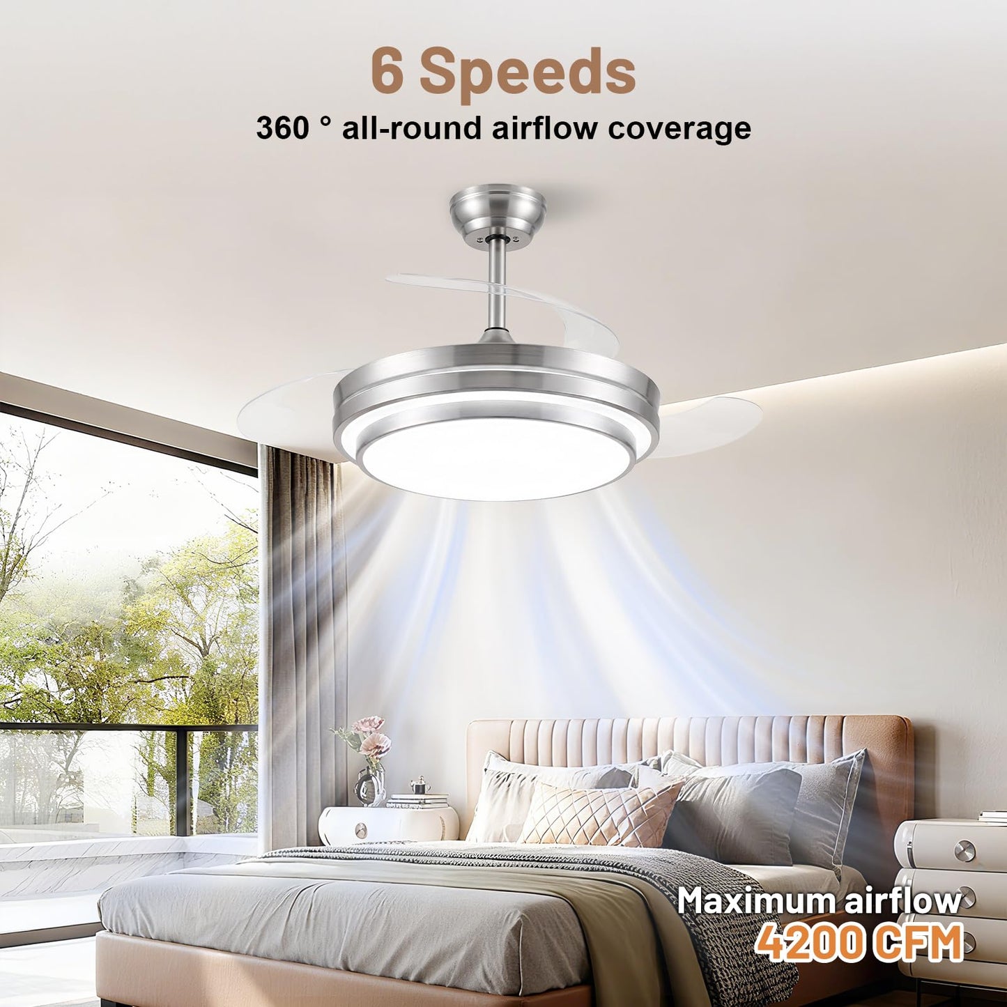 48 Inch Fandelier Ceiling Fan with Light,Modern Retractable Ceiling Fan with Lights and Remote/APP;6Speed,Silent Reversible Motor,Timer,Chandelier Fan