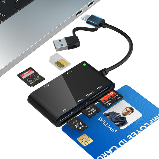 USB C/USB A SIM Card Reader- 7 in 2 CAC Smart Card Reader Military, MS Pro Duo/SD/TF/M2/ID/IC/PIV/Sim Card Adapter, SIM Card Reader for iPhone