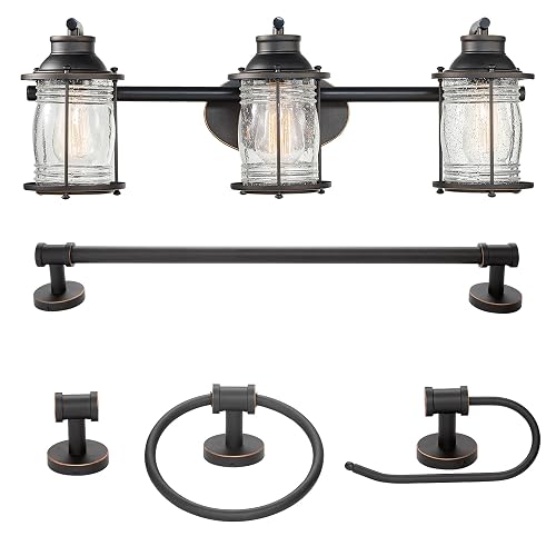 Globe Electric 51549 5-Piece All-in-One Bathroom Set, Oil Rubbed Bronze, 3-Light Vanity Wall Light with Ribbed Seeded Glass Shades, Towel Bar