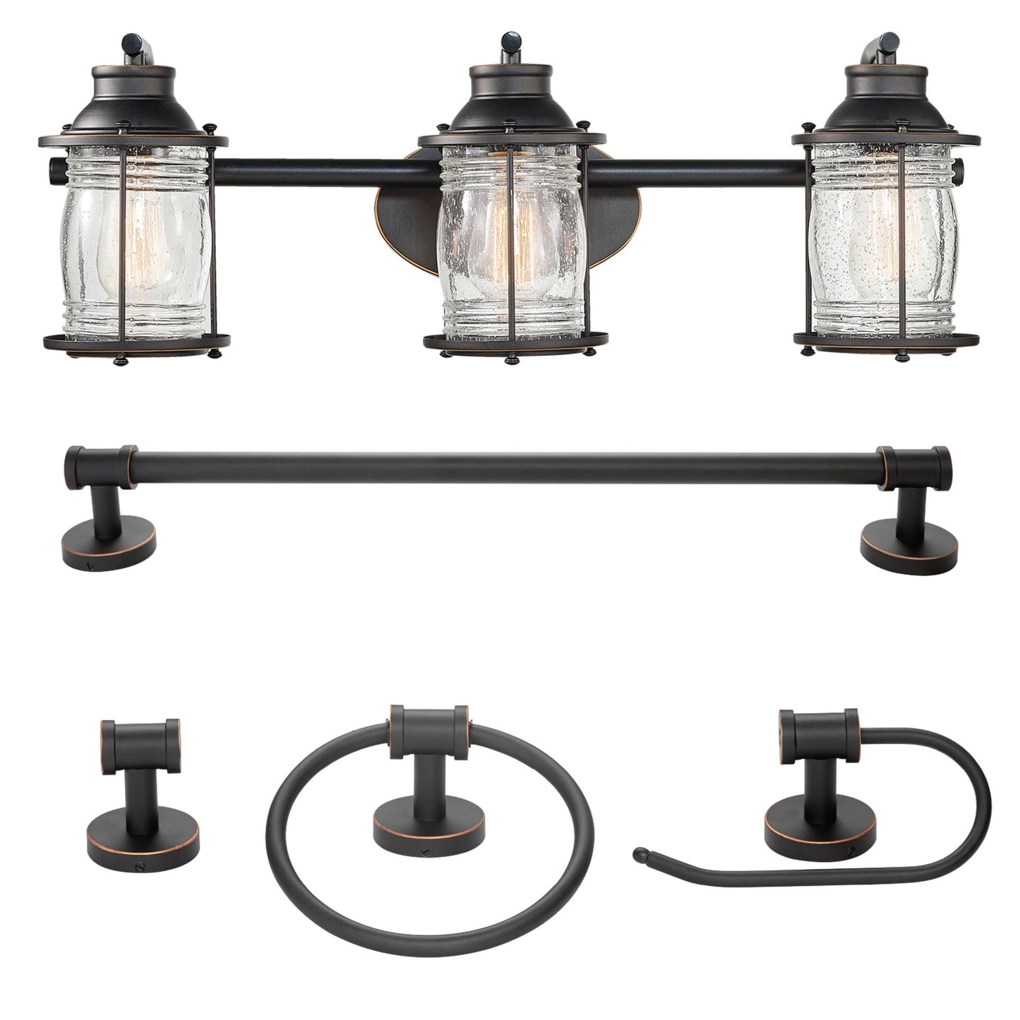 Globe Electric 51549 5-Piece All-in-One Bathroom Set, Oil Rubbed Bronze, 3-Light Vanity Wall Light with Ribbed Seeded Glass Shades, Towel Bar