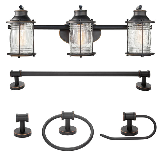 Globe Electric 51549 5-Piece All-in-One Bathroom Set, Oil Rubbed Bronze, 3-Light Vanity Wall Light with Ribbed Seeded Glass Shades, Towel Bar