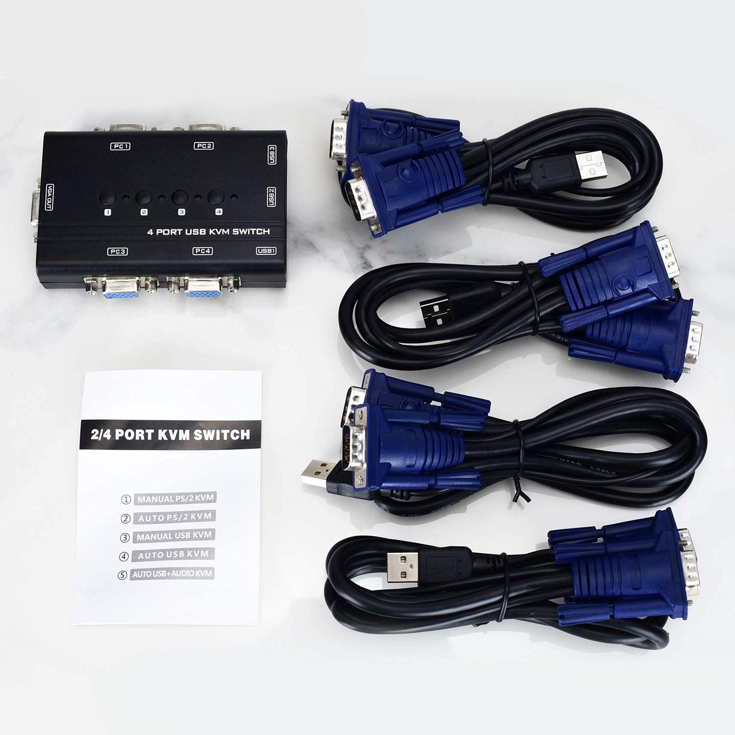 USB VGA KVM Switch with 4 Cables, 4 Port Selector Switcher for 4PC Sharing One Video Monitor and 3 USB Devices, Keyboard, Mouse, Scanner, Printer