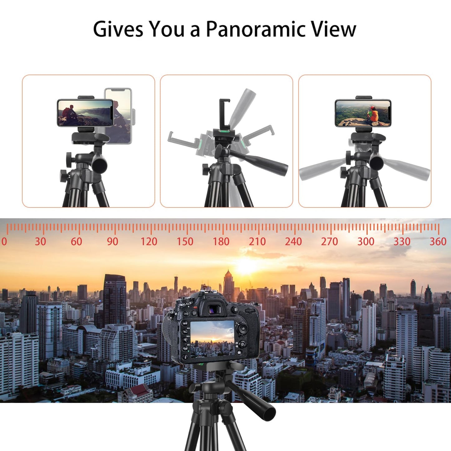55" Phone Tripod, Camera Tripod for iPhone with Remote Shutter Gopro Holder and Universal Clip, Compatible with iPhone/Android/Sport Camera Perfect