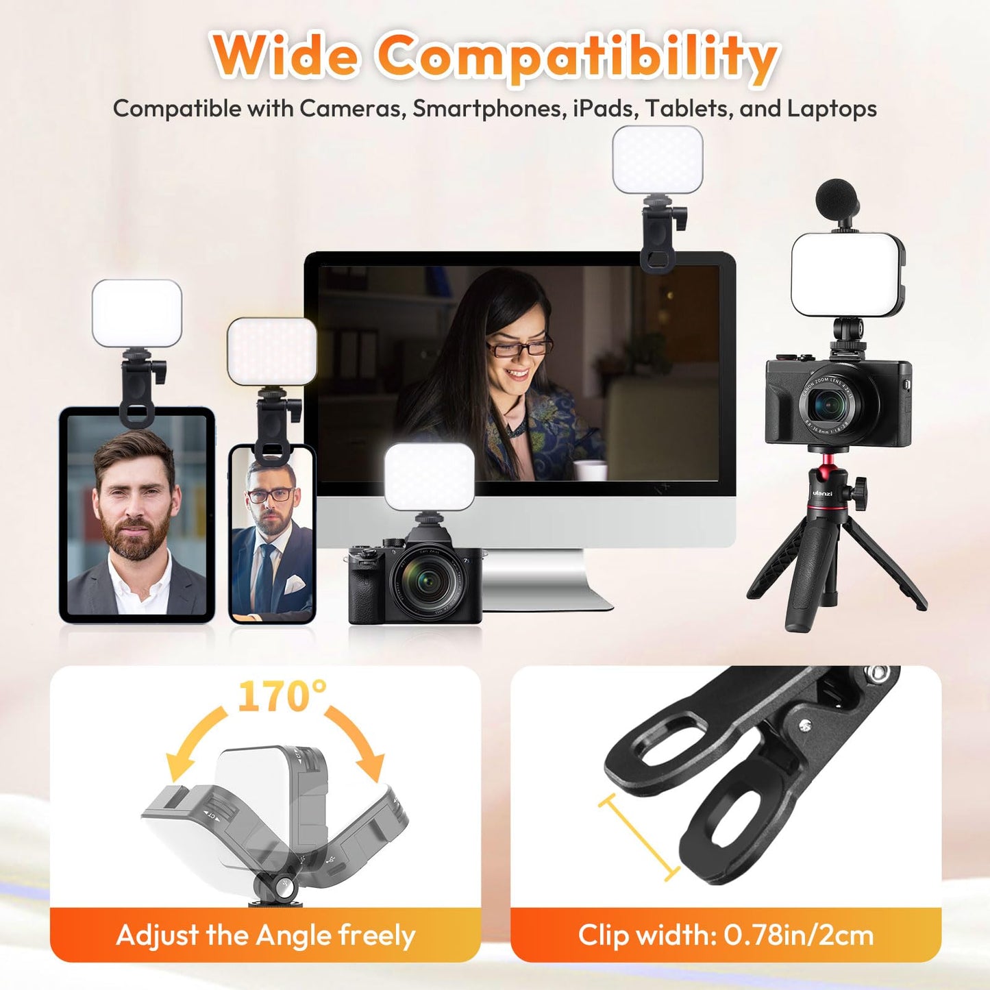 Ulanzi VL100X Selfie Light, Clip LED Light Panel for Phone/Laptop/Tablet/Computer, Bi-Color Portable Clip Camera Light with Dimmable 2500-6500K