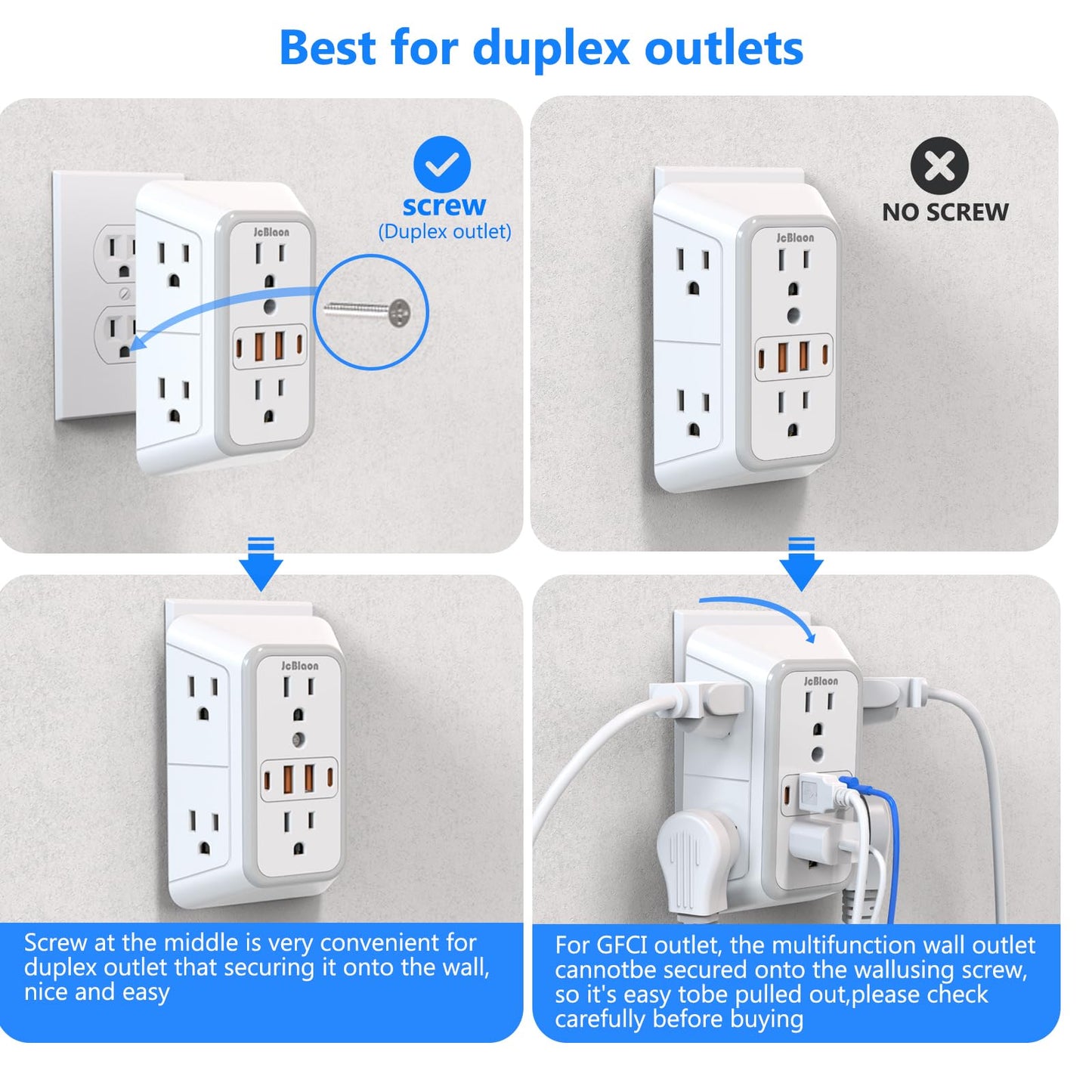 JcBlaon Outlet Extender Surge Protector - 6 Outlet Splitter with 4 USB Ports (2 USB C), Multiple Plug Expander Wall Charger, 3 Sided Multi Plug Wall