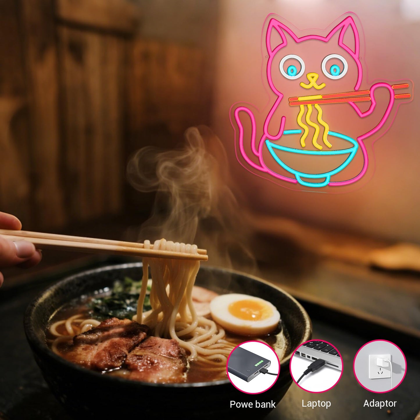 Cat Ramen Neon Sign for Wall Decor, Fun Noodles Pink Led Neon Sign for Living Room Wall Decor, Animal USB Dimmable Powered LED Light for Restaurant