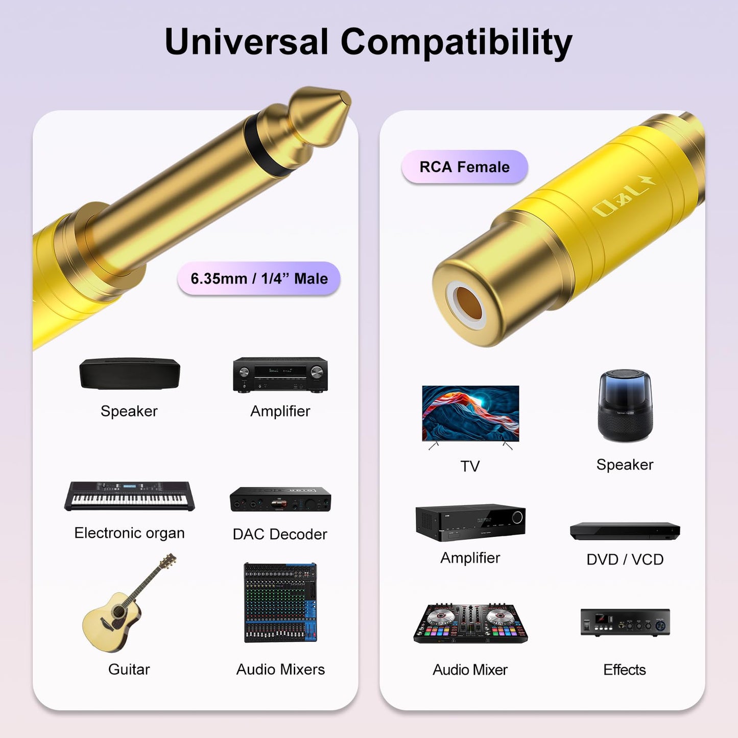 J&D RCA to 1/4 Audio Adapter 4-Pack, 6.35mm Mono Plug Male to RCA Female Connector, Gold-Plated Guitar Connectors, Yellow