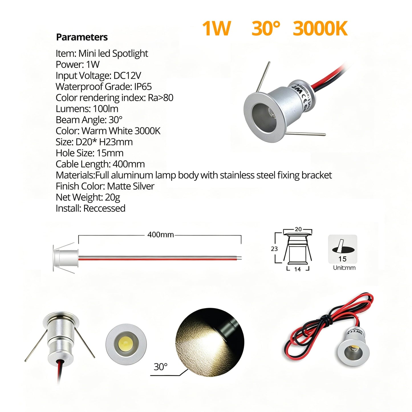 10 Pack Mini LED Spot Light Patio Waterproof IP651W12V Warm White 3000K Under Cabinet Cutout 15mm Recessed Downlights Indoor Sauna Stairs Step