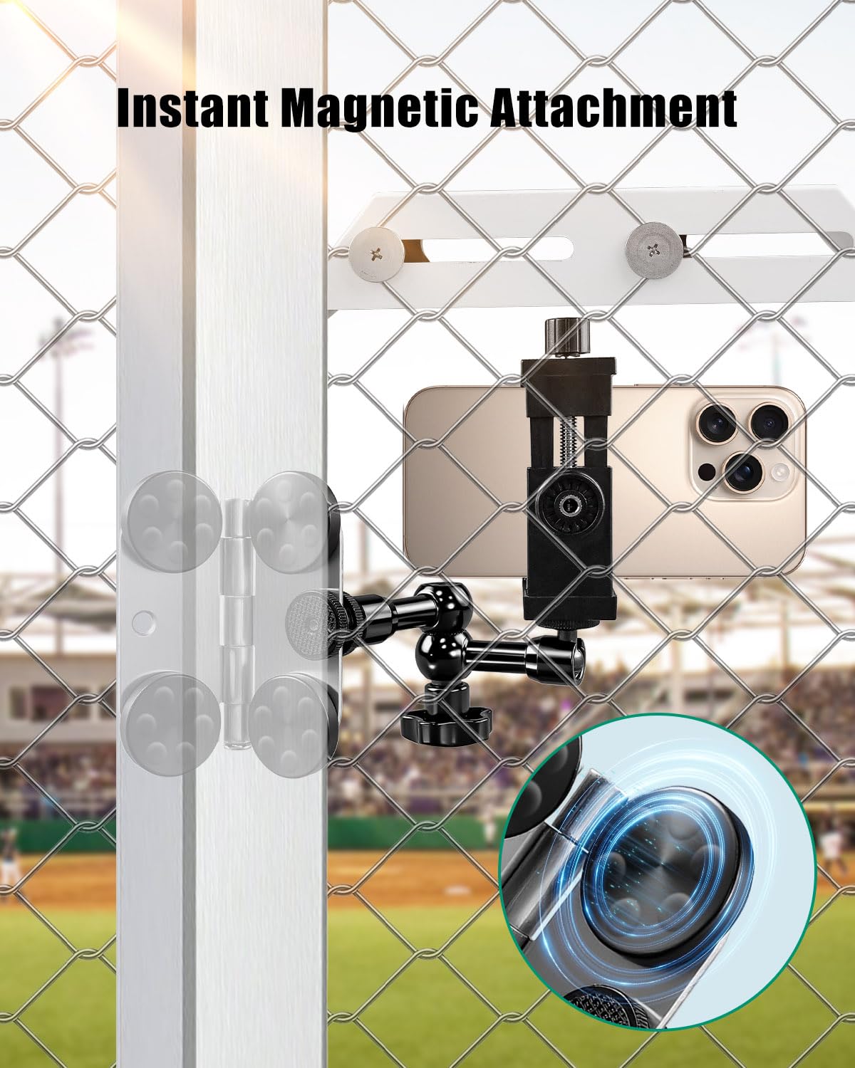 Magnetic Fence Mount with Sunshade and Power Bank Pouch Compatible with iPhone Mevo Start GoPro, Fence Holder Fit for Recording Gamechanger Baseball