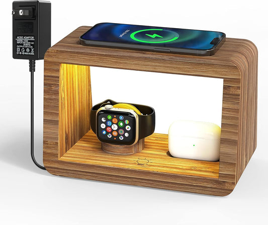 Bamboo Charging Station for Multiple Devices, 15W Fast Wireless Charger Night Light with 3 Color& 4 Adjustable Brightness, Night Stand Charger Station