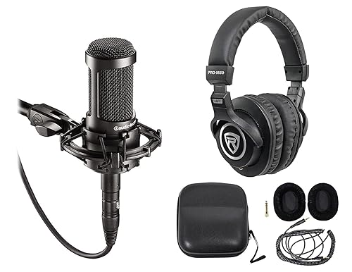 Audio-Technica AT2035 Side Address Cardioid Condenser Studio Microphone with Case Bundle with Rockville PRO-M50 Studio Headphones w/Detachable Coil