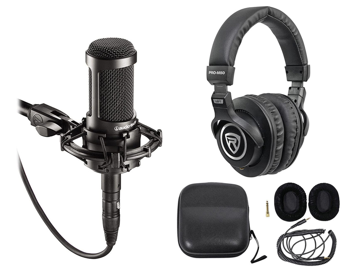 Audio-Technica AT2035 Side Address Cardioid Condenser Studio Microphone with Case Bundle with Rockville PRO-M50 Studio Headphones w/Detachable Coil
