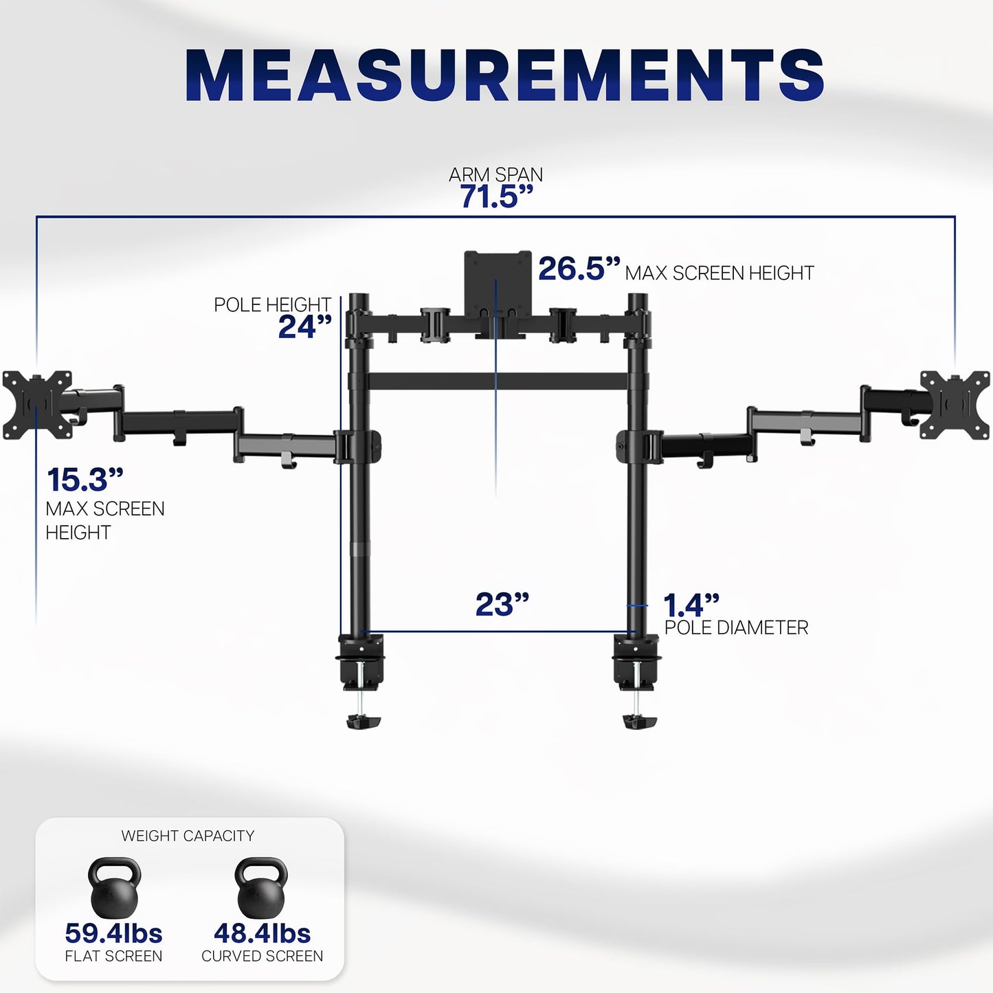 VIVO Clamp-on Dual Pole Triple Monitor Desk Mount for 1 Center Utrawide up to 49 inches and 59.4 lbs, 2 Side Screens up to 38 inches and 17.6 lbs, Low