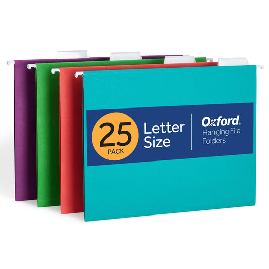 Oxford Hanging File Folders, 25 Pack, Letter Size (8.5" x 11"), 4 Tropical Colors, 5 Tab Positions, Includes Tabs and Inserts, Hanging Files