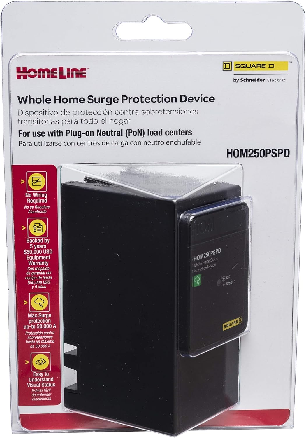 Square D - HOM250PSPD Homeline Whole House Surge Protection Device, 50kA, 120/240V, 1-Phase, No Wiring, Plug-On Neutral